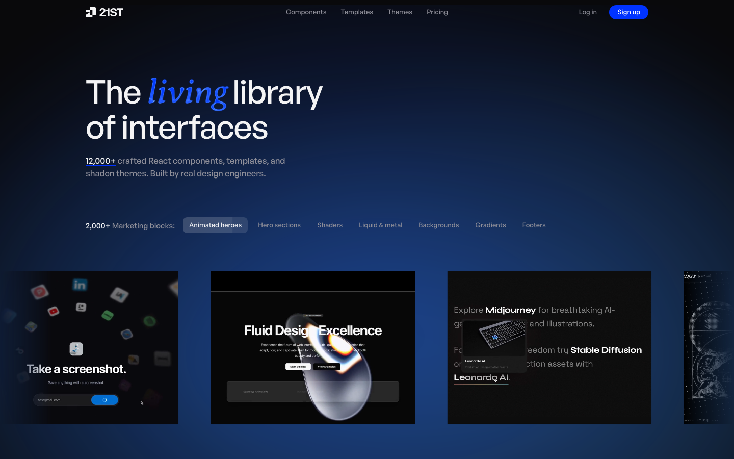 The 21st.dev homepage, showing its headline 'The living library of interfaces' over a grid of live-previewed React components