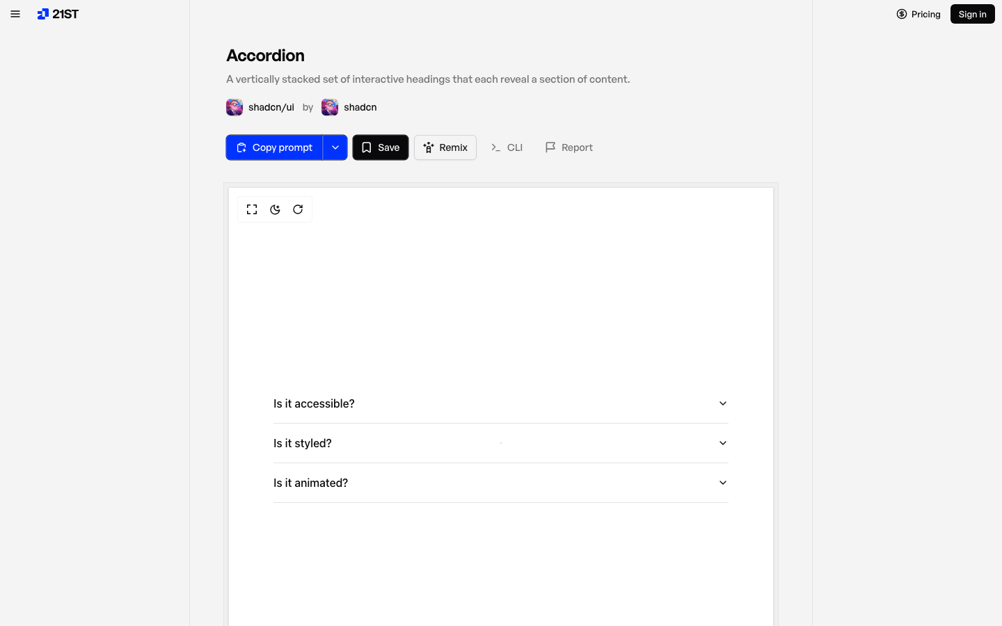 A 21st.dev component detail page for an Accordion component, showing Copy prompt, Save, Remix, and CLI buttons next to a live rendered preview