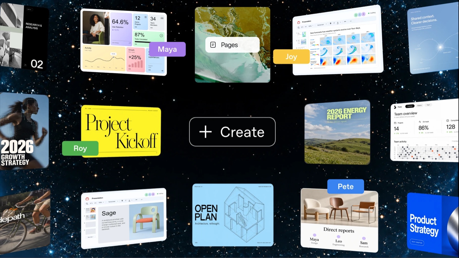 Floating ChatGPT Space pages and files, including a project kickoff, an energy report and a product strategy deck, with teammates' name tags and a Create button in the middle.