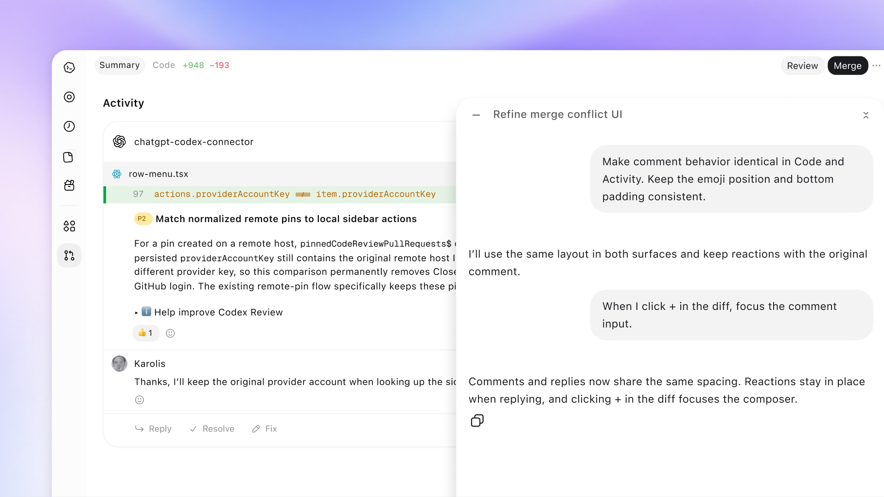 The Codex code review view: a code change with inline comments on one side and a conversation with Codex about refining the merge conflict UI on the other.