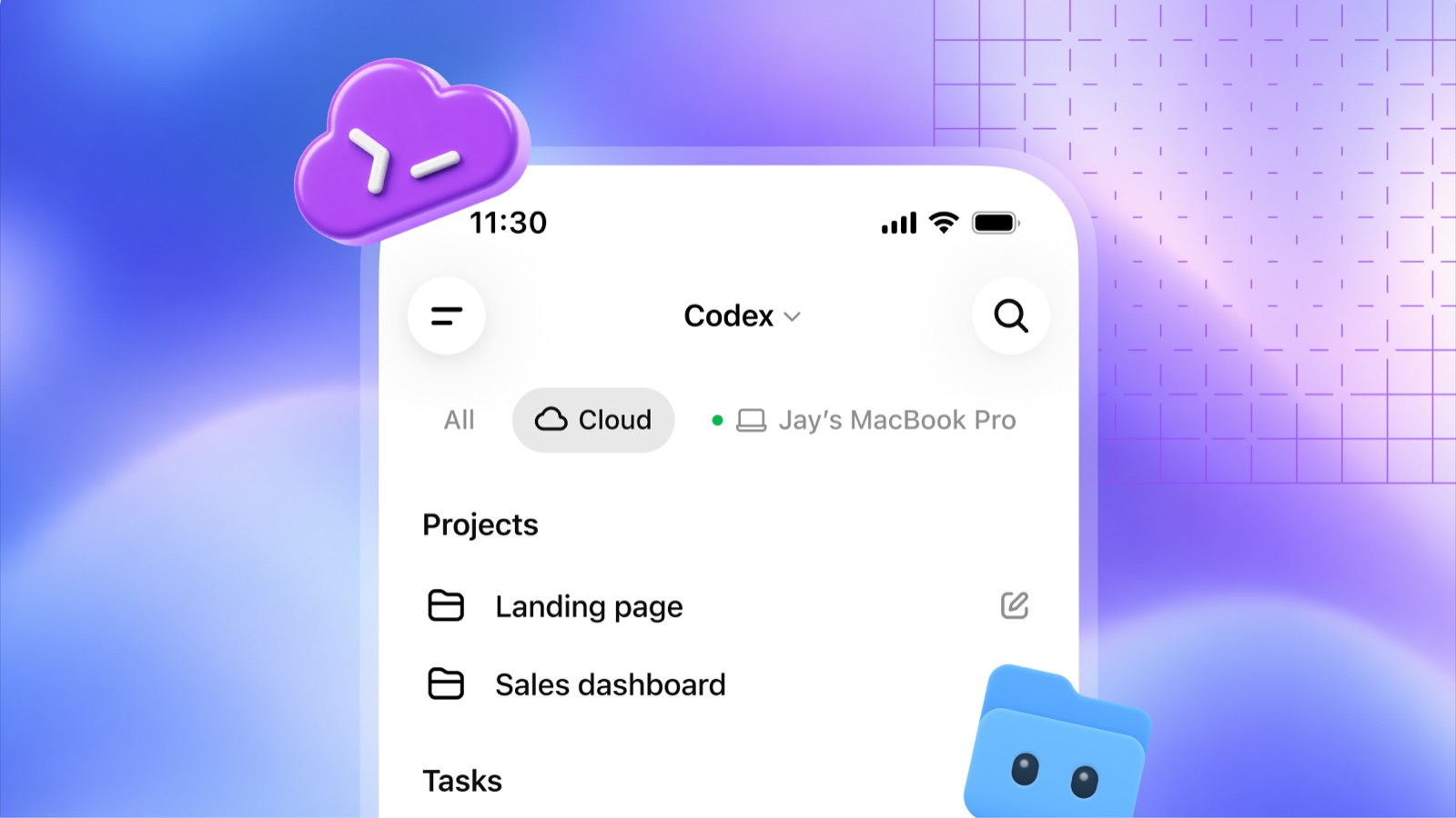 The Codex phone app with a Cloud filter selected, listing projects called Landing page and Sales dashboard, next to a purple cloud icon.