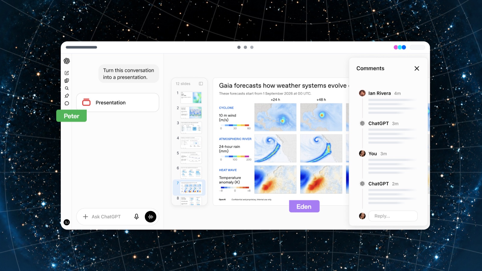 A ChatGPT presentation about weather forecasting being built from a conversation, with slide thumbnails and a comments panel where teammates and ChatGPT reply.