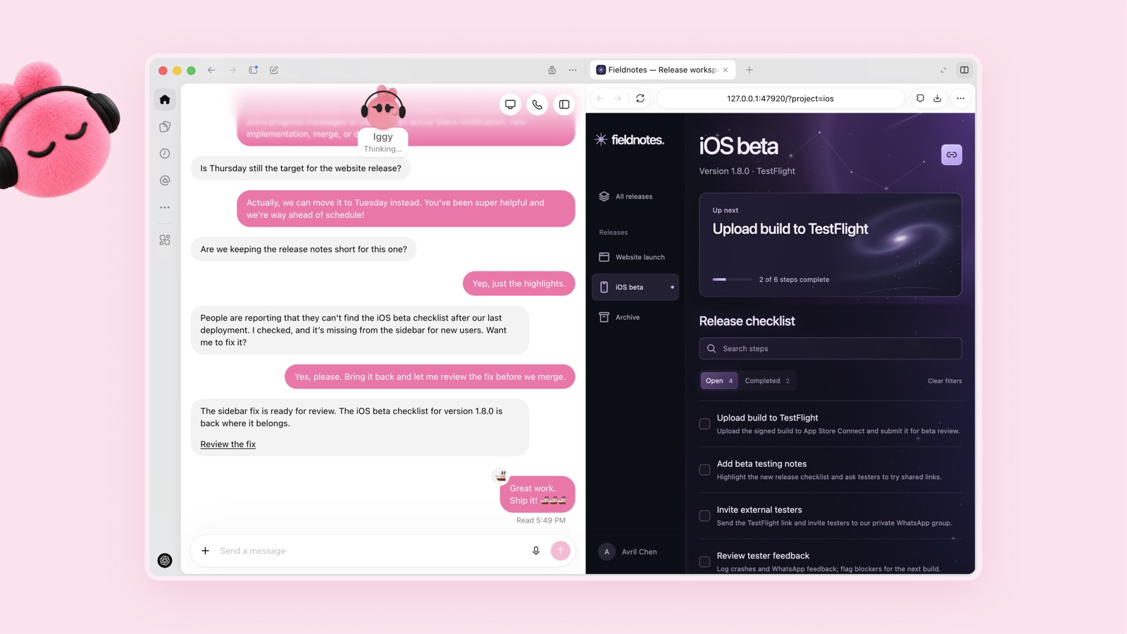 A pink Dot character wearing headphones chatting in a ChatGPT panel about an iOS beta, next to a release checklist app with an Upload build to TestFlight step.