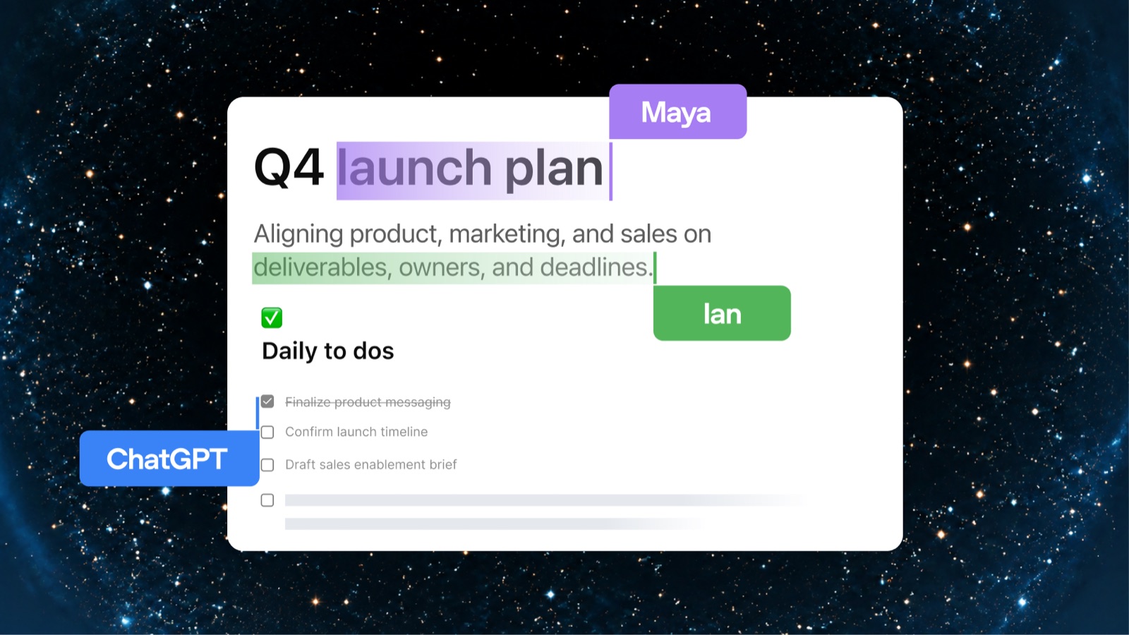 A ChatGPT Page titled Q4 launch plan with a to-do list, being edited at the same time by teammates Maya and Ian and by ChatGPT.