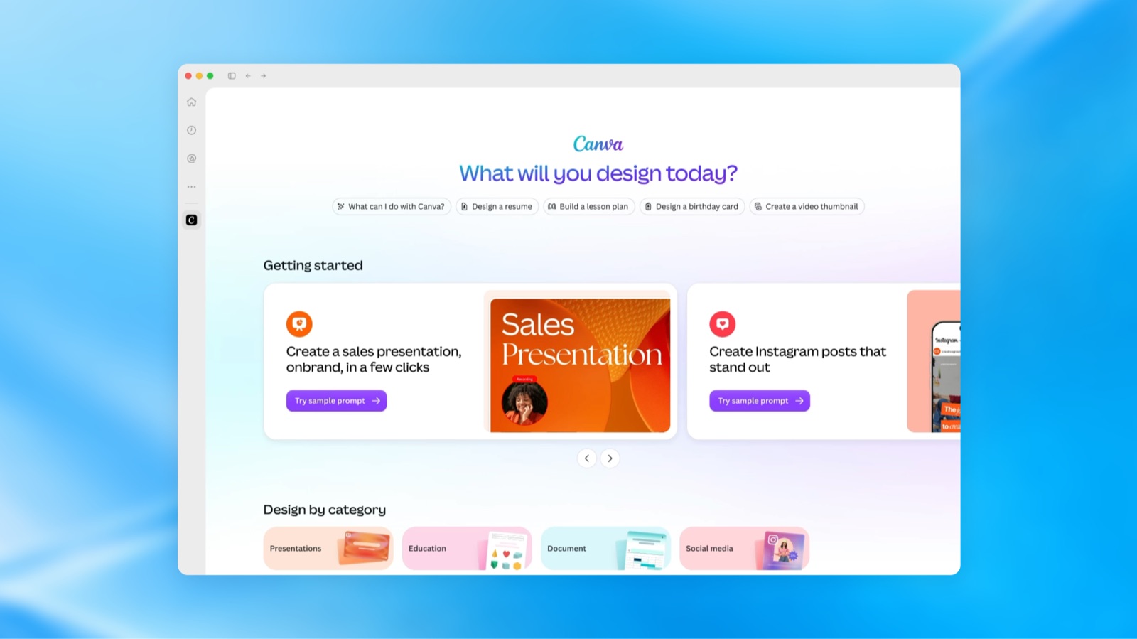 A Canva plugin extension running inside ChatGPT, asking What will you design today? with sales presentation and Instagram post templates.