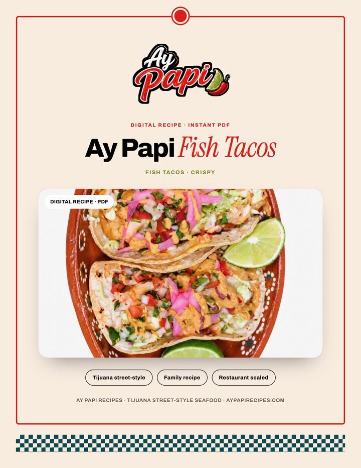 Ay Papi fish tacos recipe one-pager cover