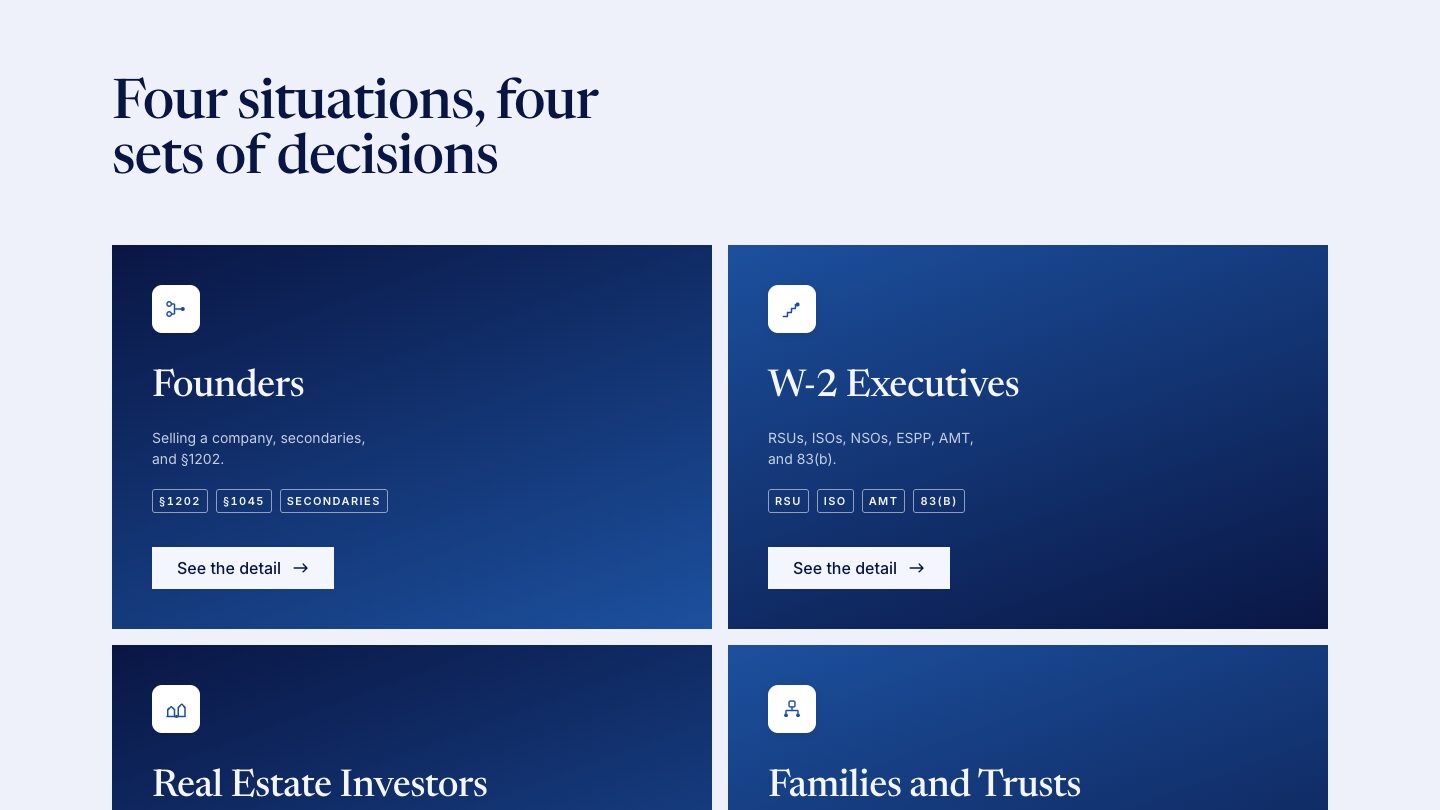 'Four situations, four sets of decisions' audience section of the Bauman Tax website