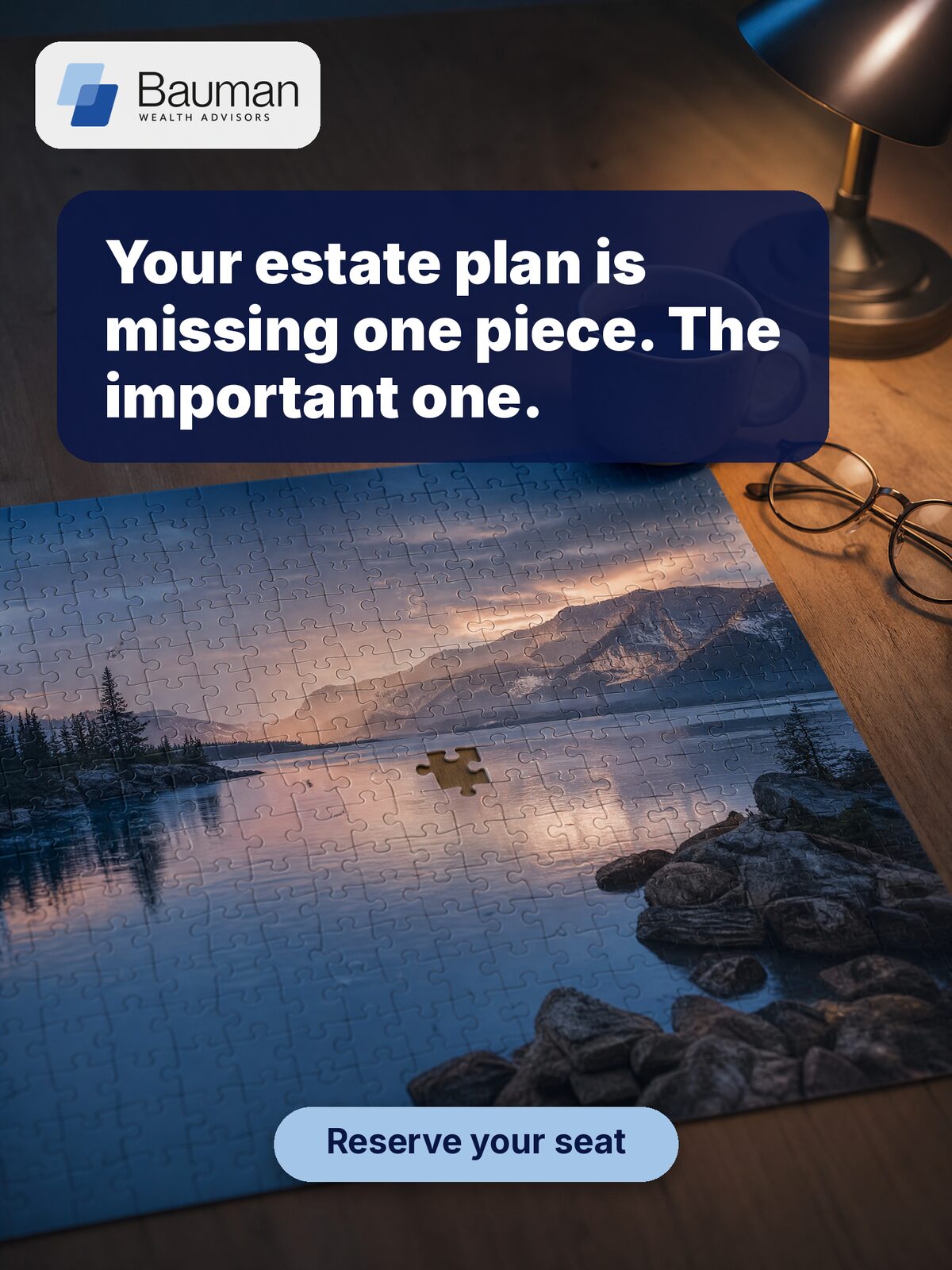 Jigsaw missing-piece ad concept for Bauman Wealth