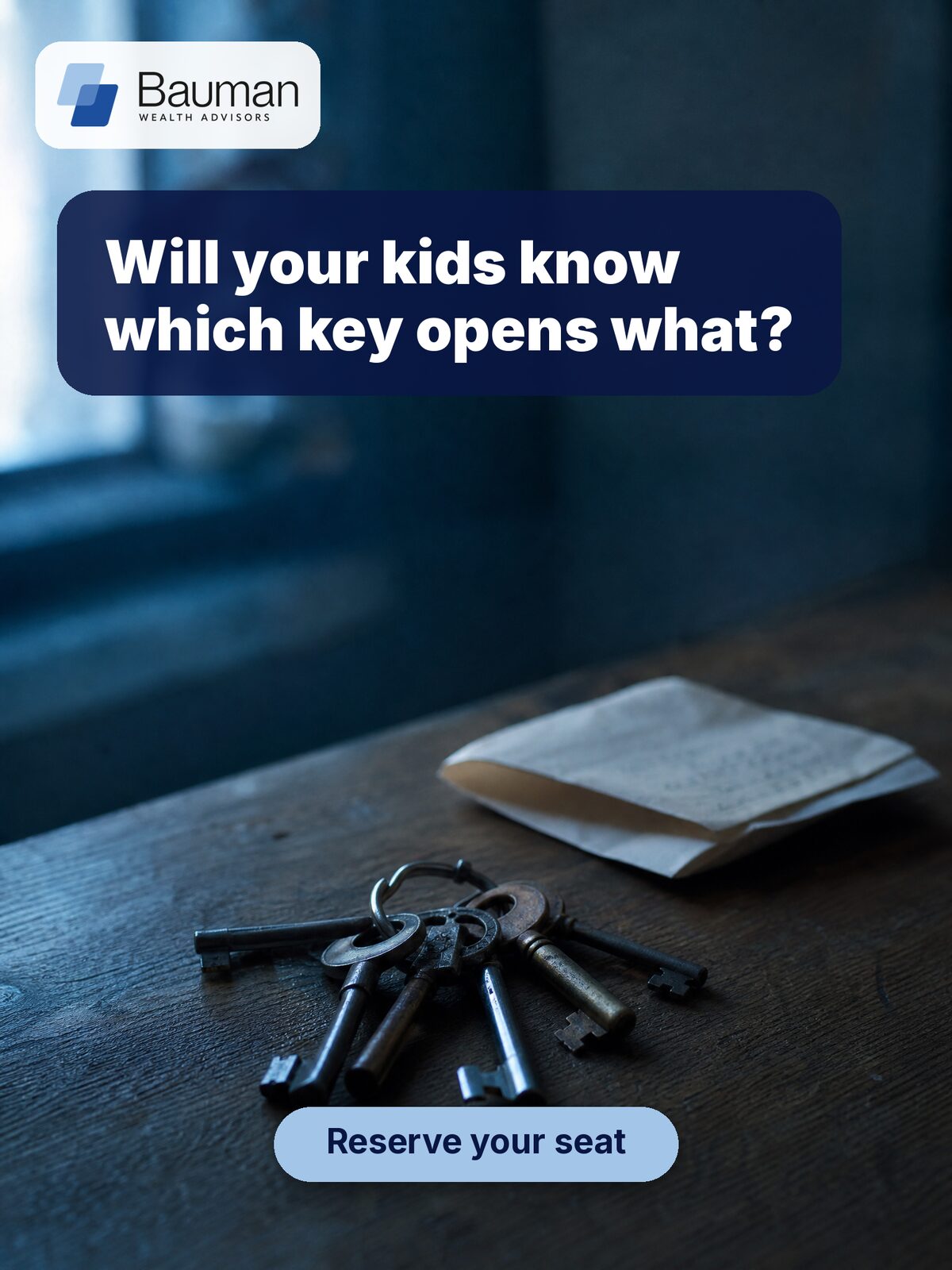 Keys with no labels ad concept for Bauman Wealth