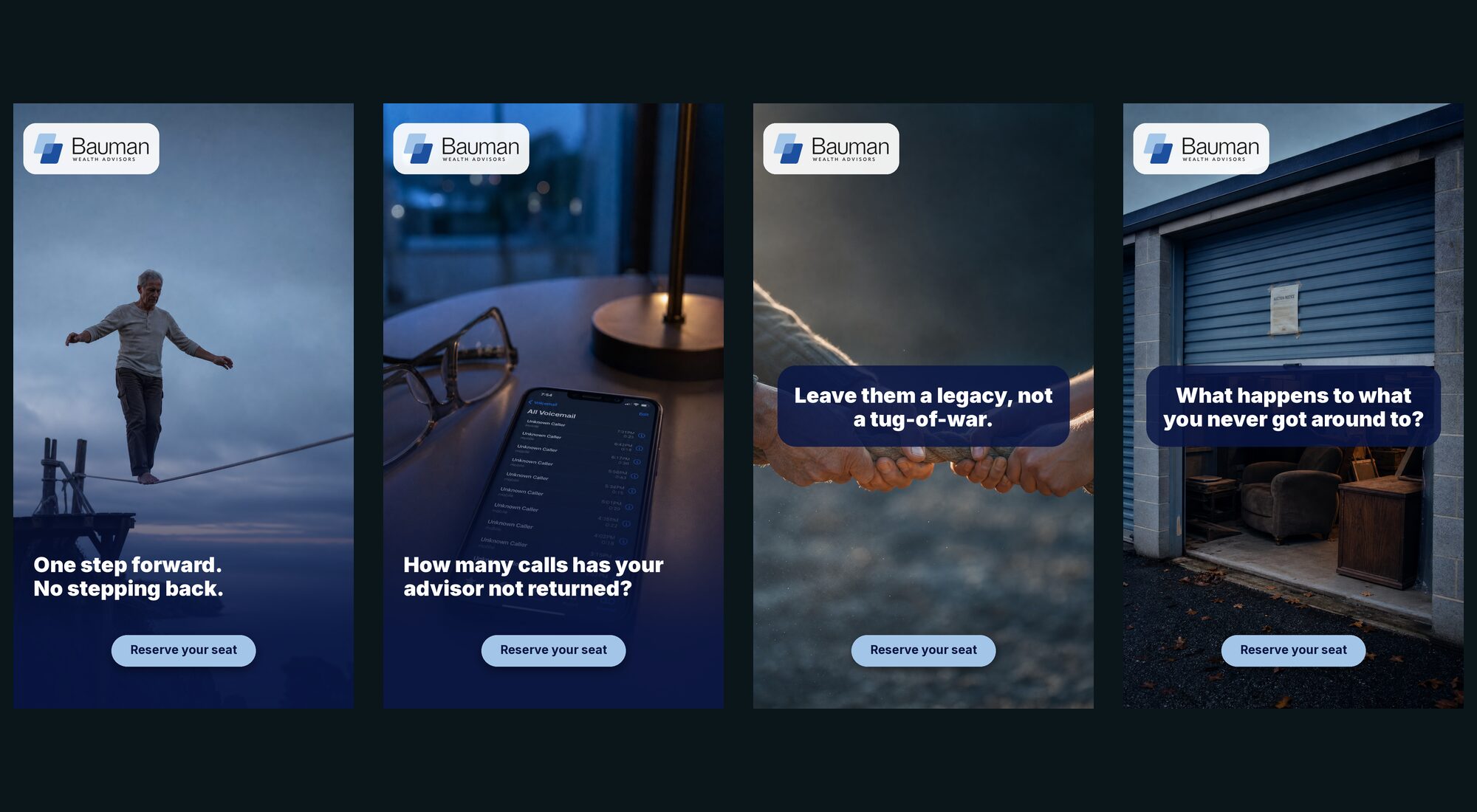 Four Bauman Wealth ad concepts in the 9:16 vertical format
