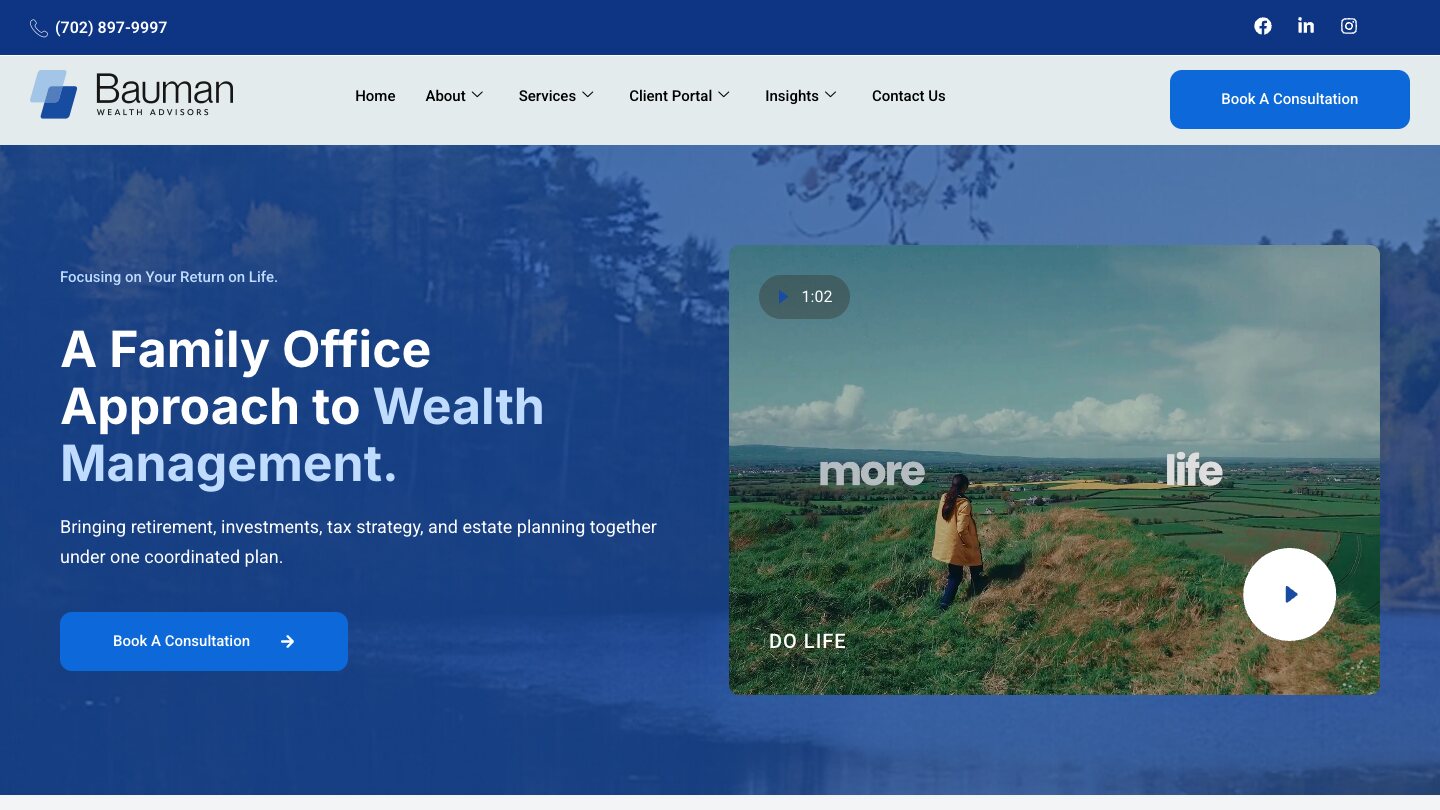 Bauman Wealth website homepage, 'A family office approach to wealth management'