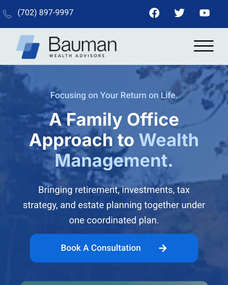 Bauman Wealth website homepage on a phone