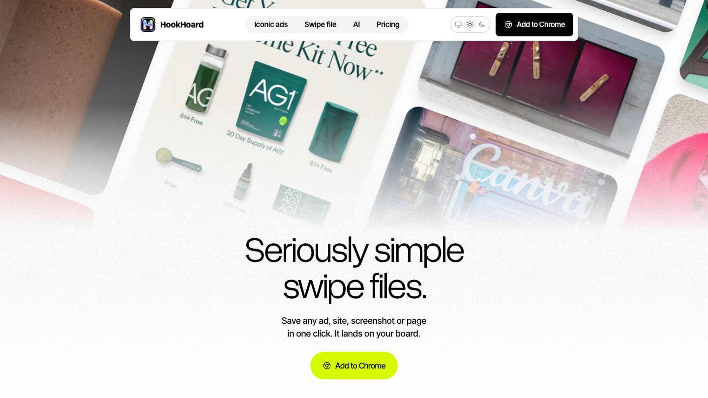 HookHoard homepage: 'Seriously simple swipe files' over a wall of saved ads