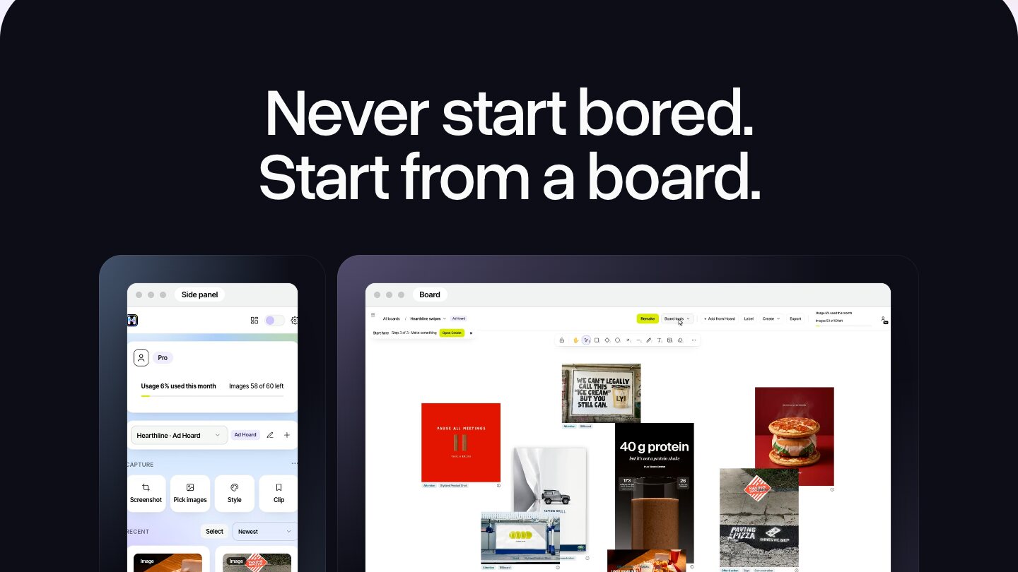 'Never start bored. Start from a board.' section of the HookHoard website showing the side panel and a board