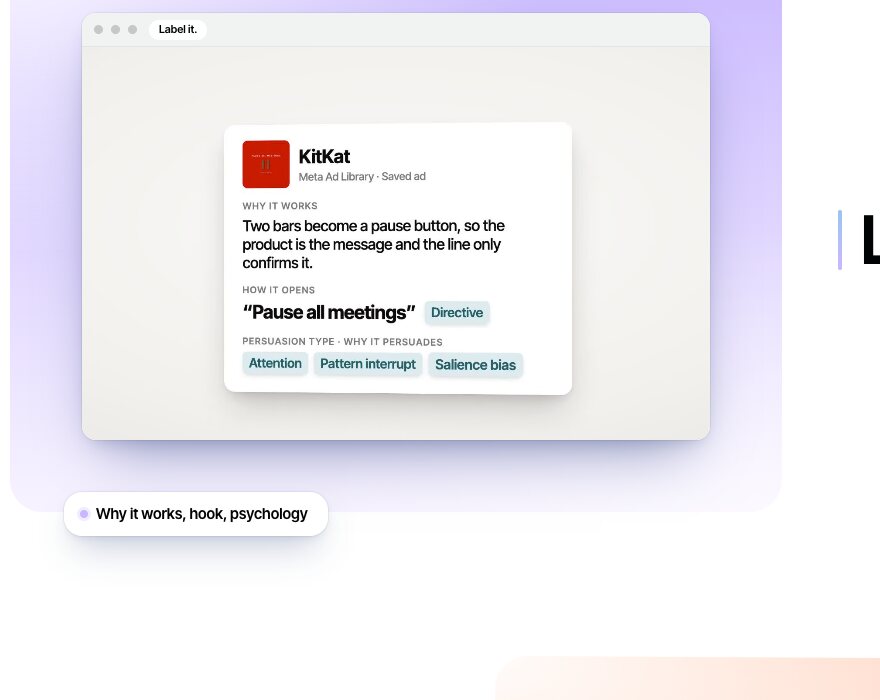 'Label it' section of the HookHoard website, with a saved ad and its breakdown