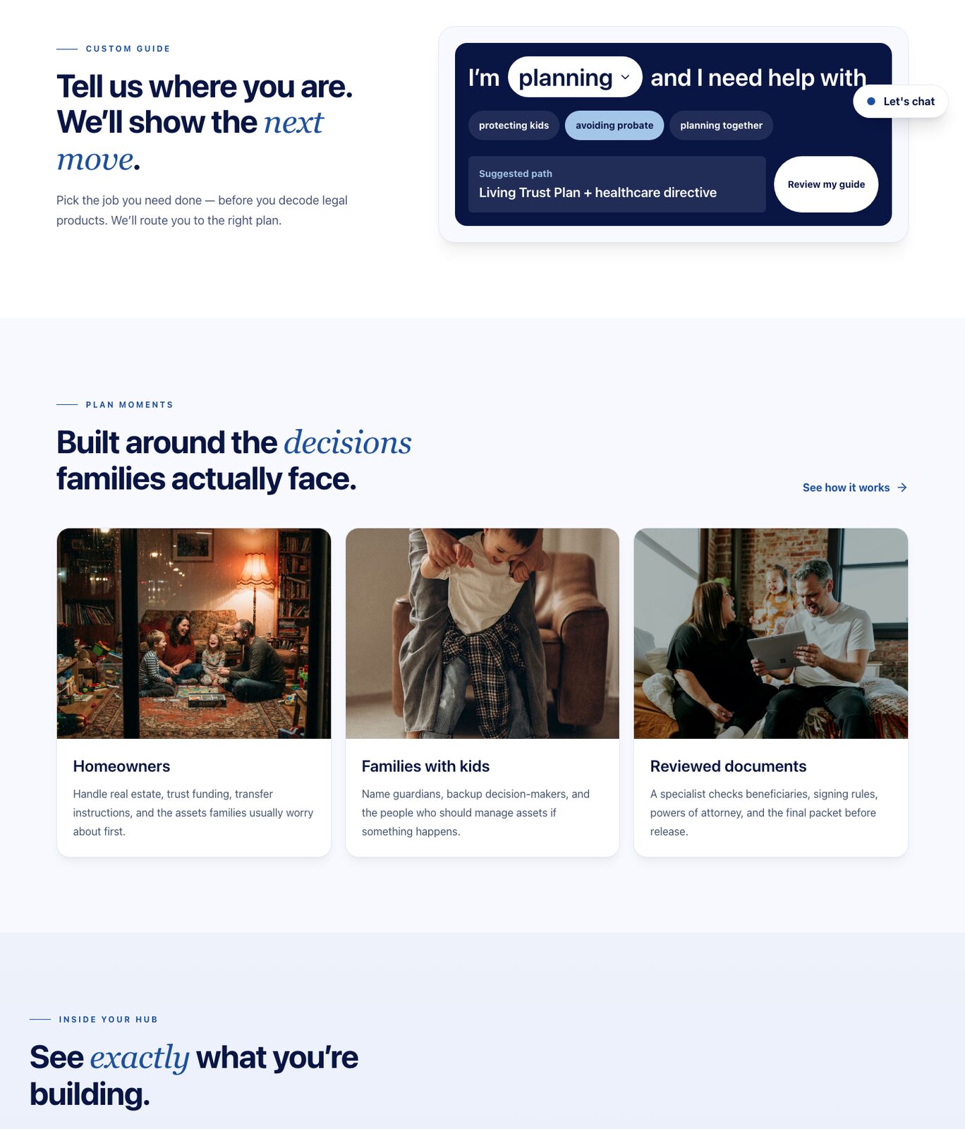 Guided sections of the My Estate Planner homepage