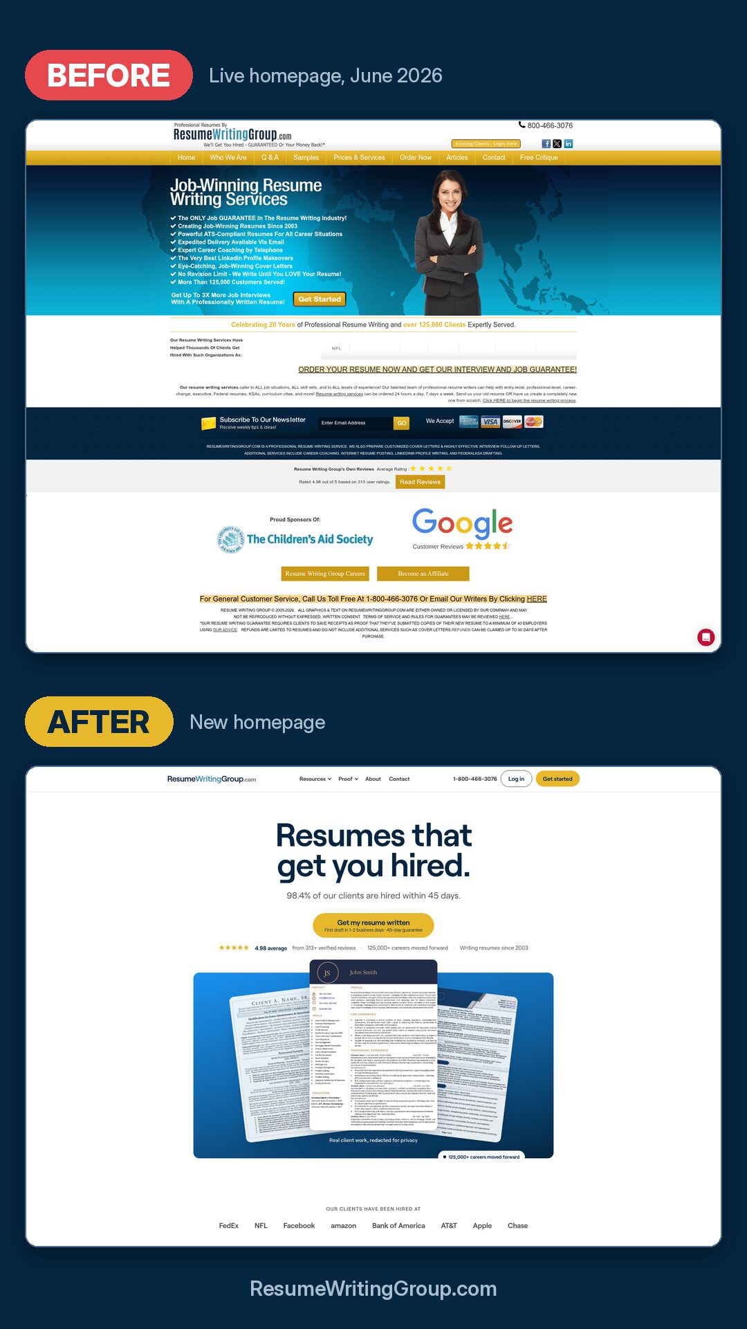 Resume Writing Group homepage, before and after the redesign