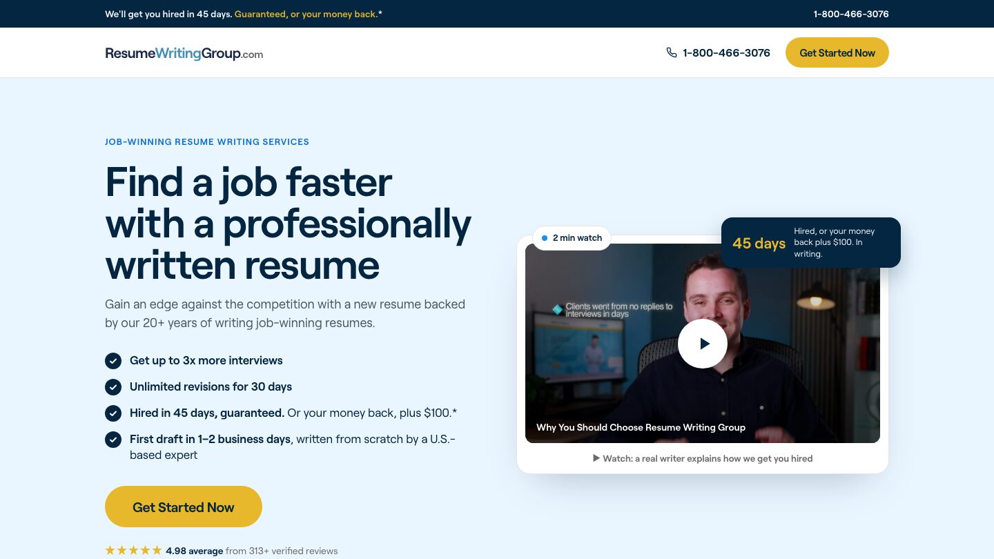 Google Ads landing page built for Resume Writing Group