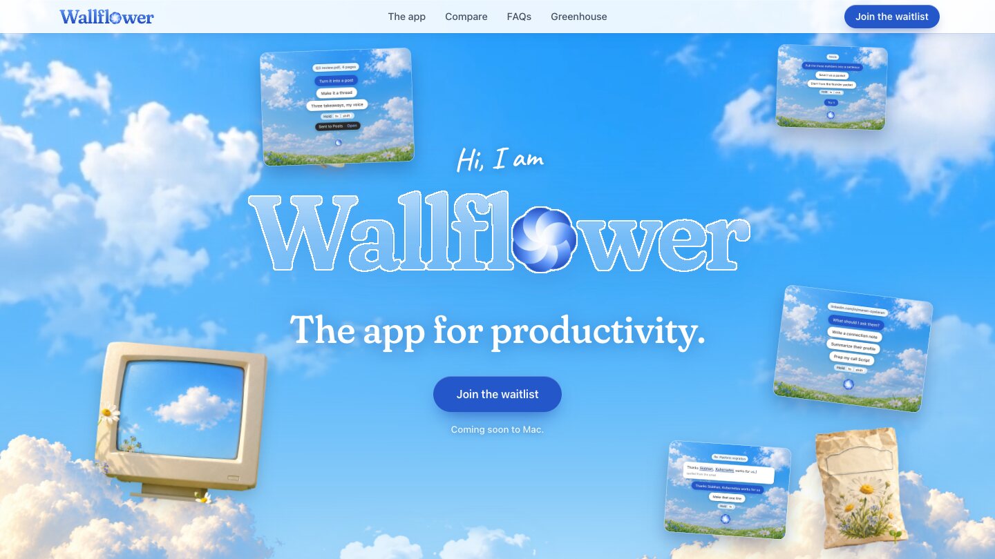 Wallflower homepage: 'Hi, I am Wallflower. The app for productivity.' in a blue sky