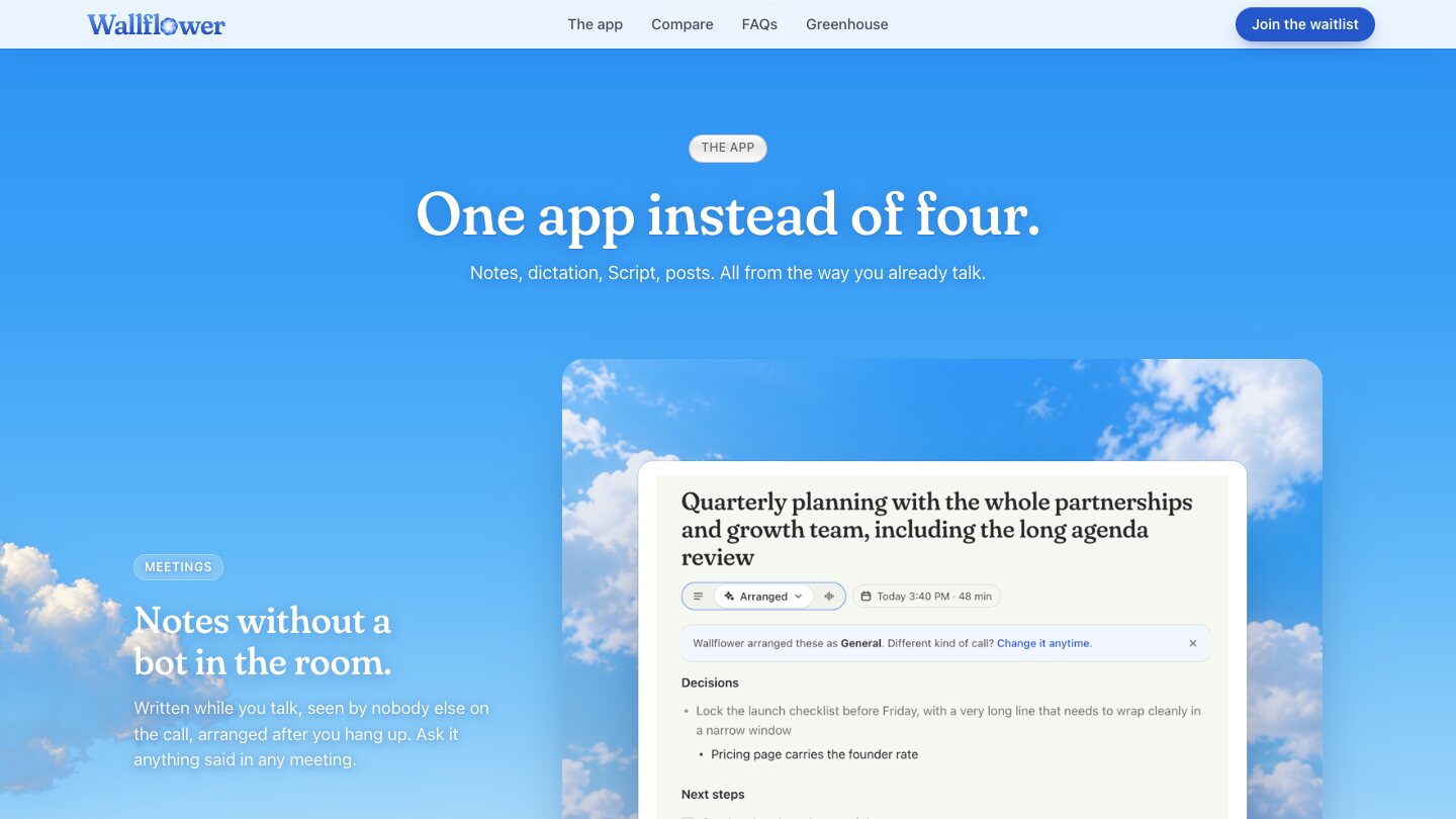 'One app instead of four' section of the Wallflower website showing meeting notes
